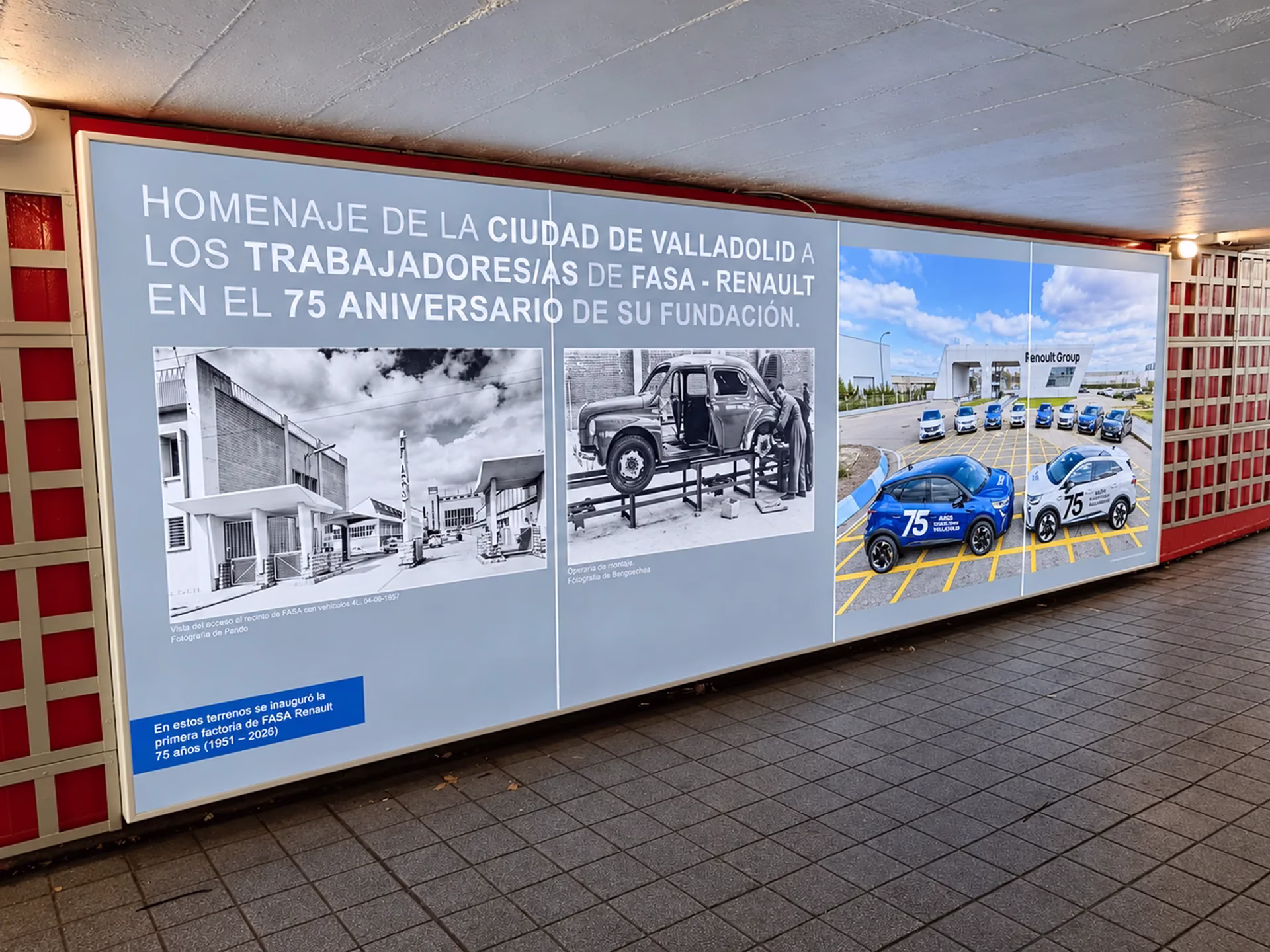 Caja de luz con el homenaje a los trabajadores y trabajadoras de FASA-Renault por su 75 aniversario, en el túnel del Arco de Ladrillo de Valladolid.