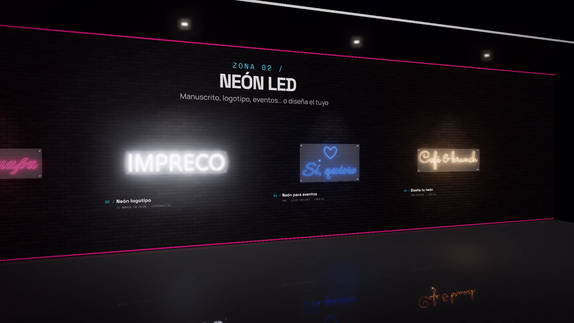Showroom virtual 3D de Impreco con letras corpóreas iluminadas